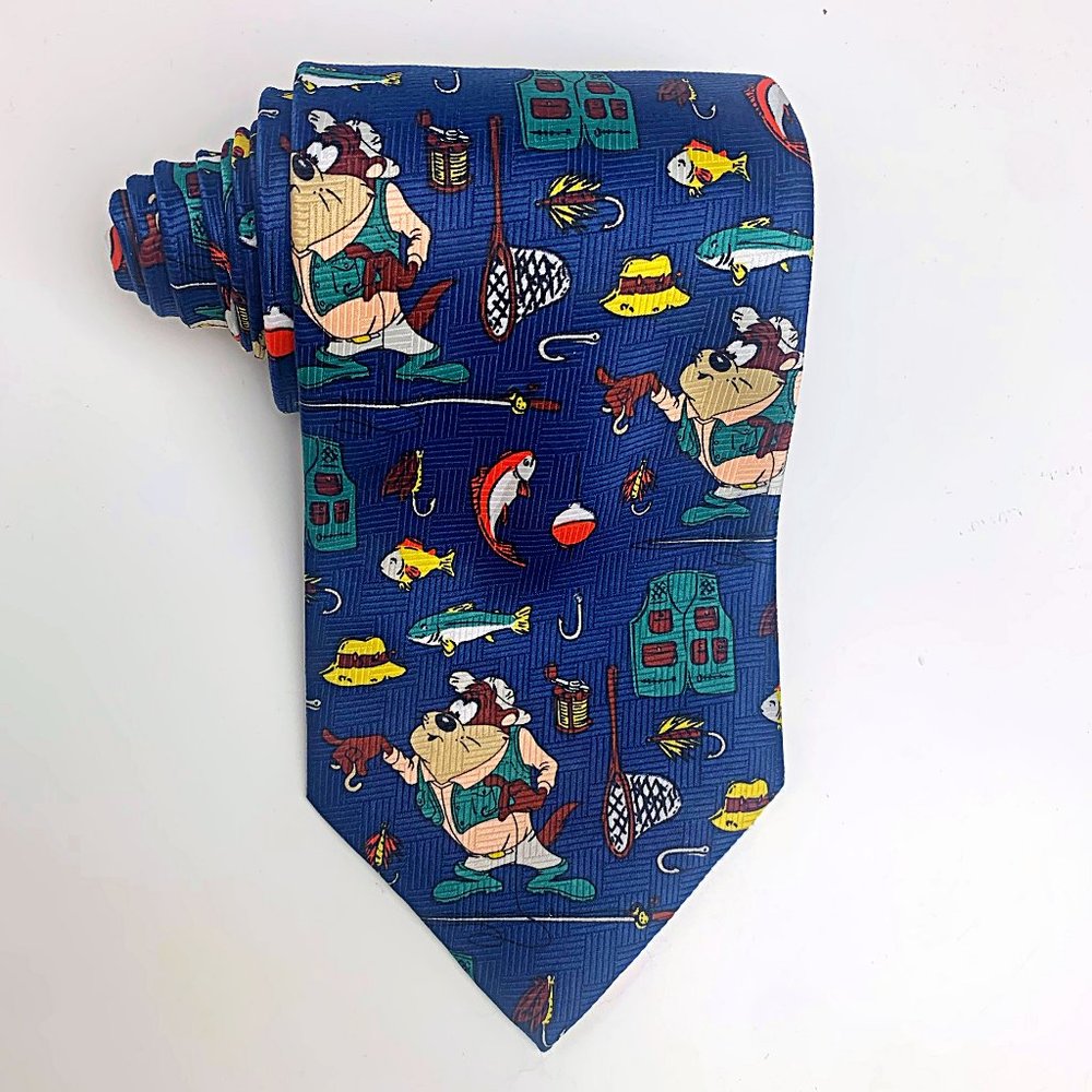 Warner Bros Looney Tunes Taz Fishing Satin Necktie - Picture 3 of 6
